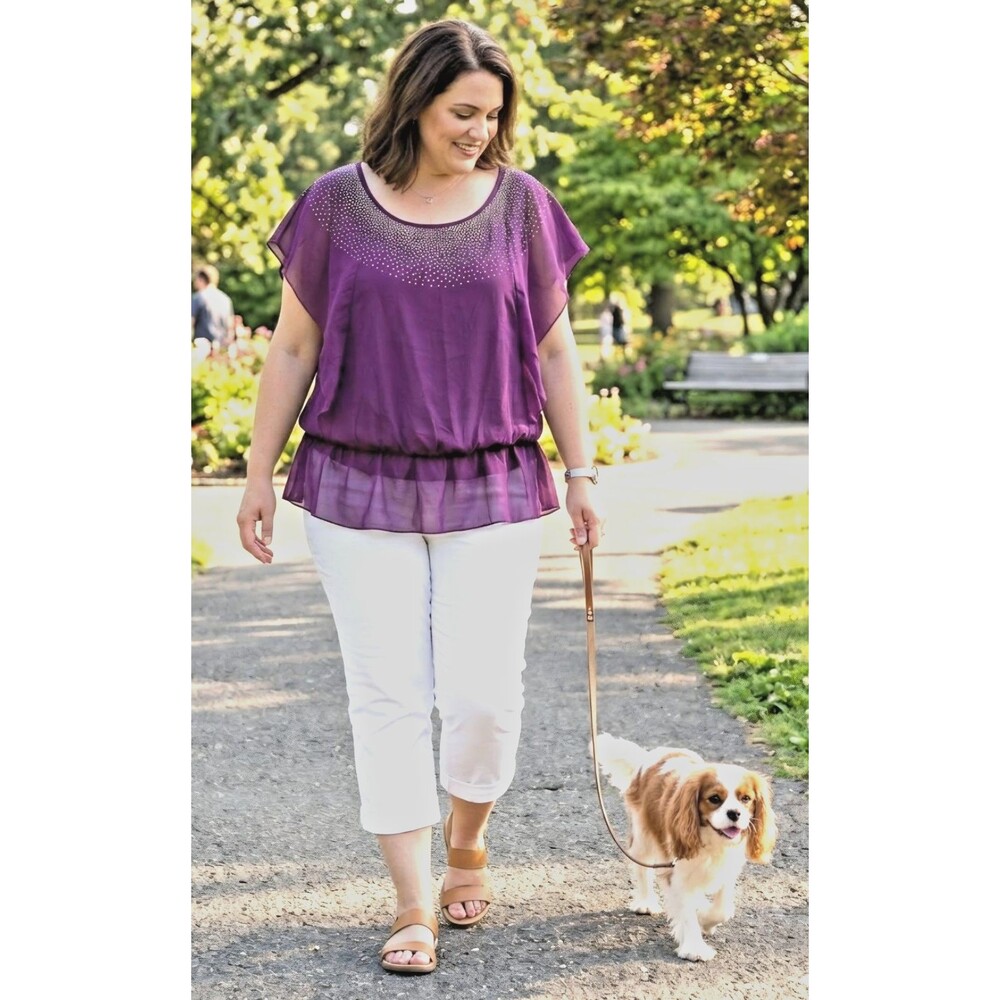LANE BRYANT Plus Size Embellished Purple Chiffon Flutter Short Sleeve Top 18/20W